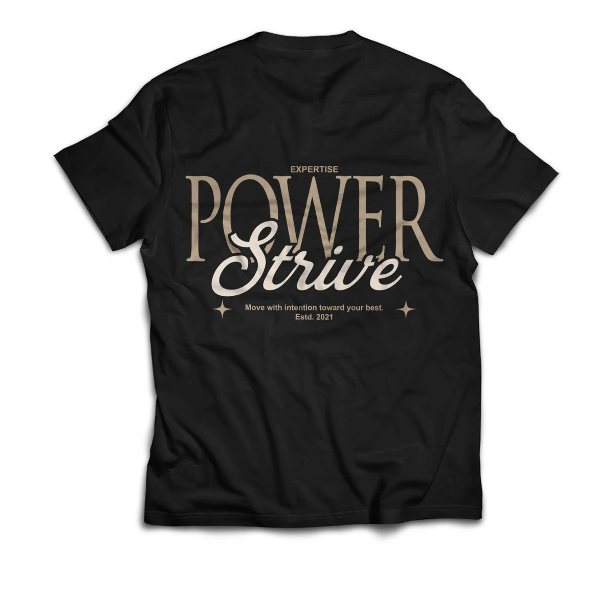 Powe Strive de Expertise Clothing en negro, vista posterior con estampado Power Strive en tonos beige.