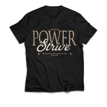 Powe Strive de Expertise Clothing en negro, vista posterior con estampado Power Strive en tonos beige.
